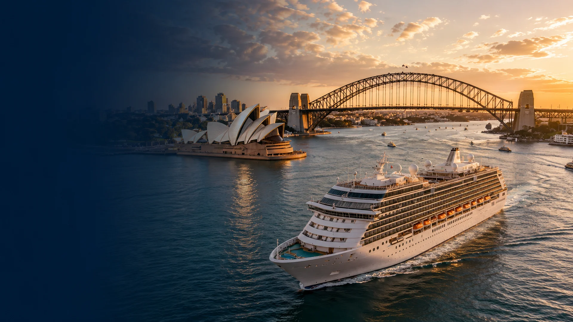 Cruise ship sailing near Australia and New Zealand coastal scenery