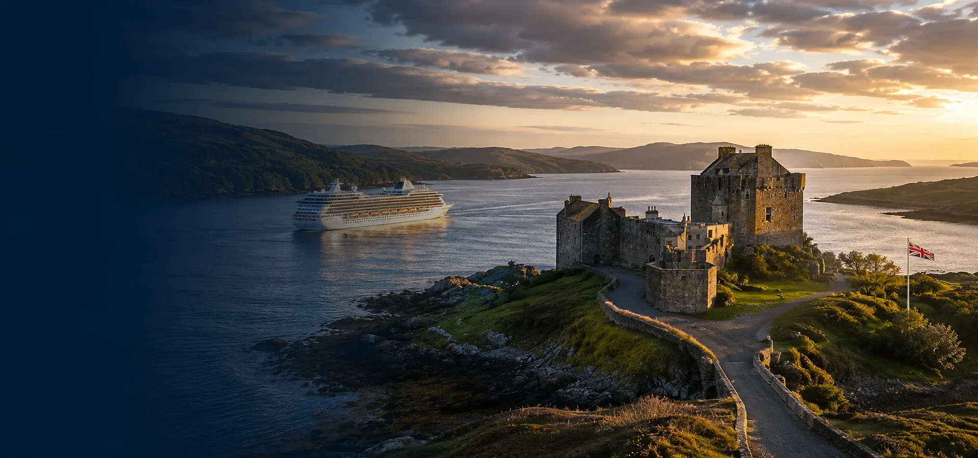 Cruise ship sailing near the scenic British Isles coastline