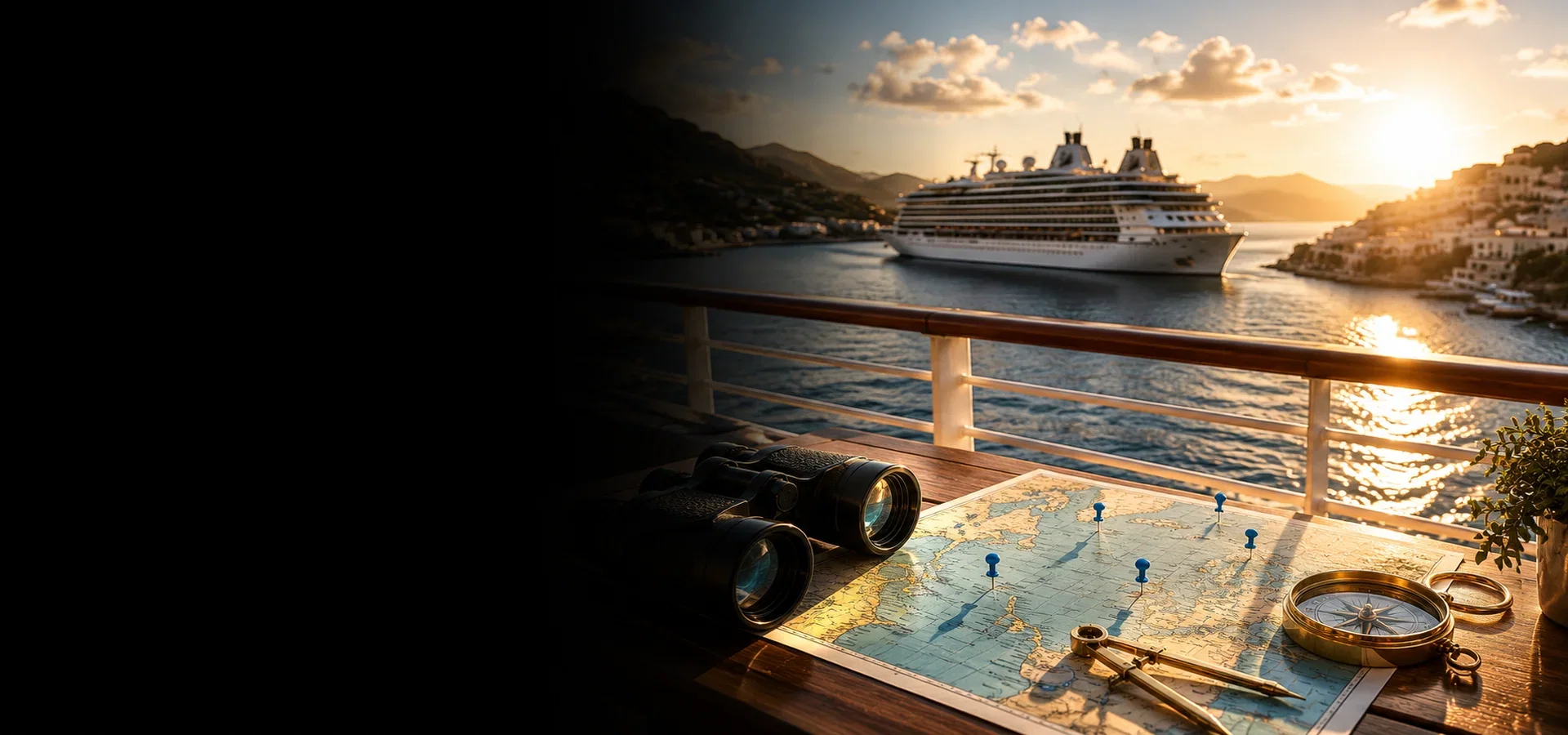 Cruise ship sailing toward a tropical destination