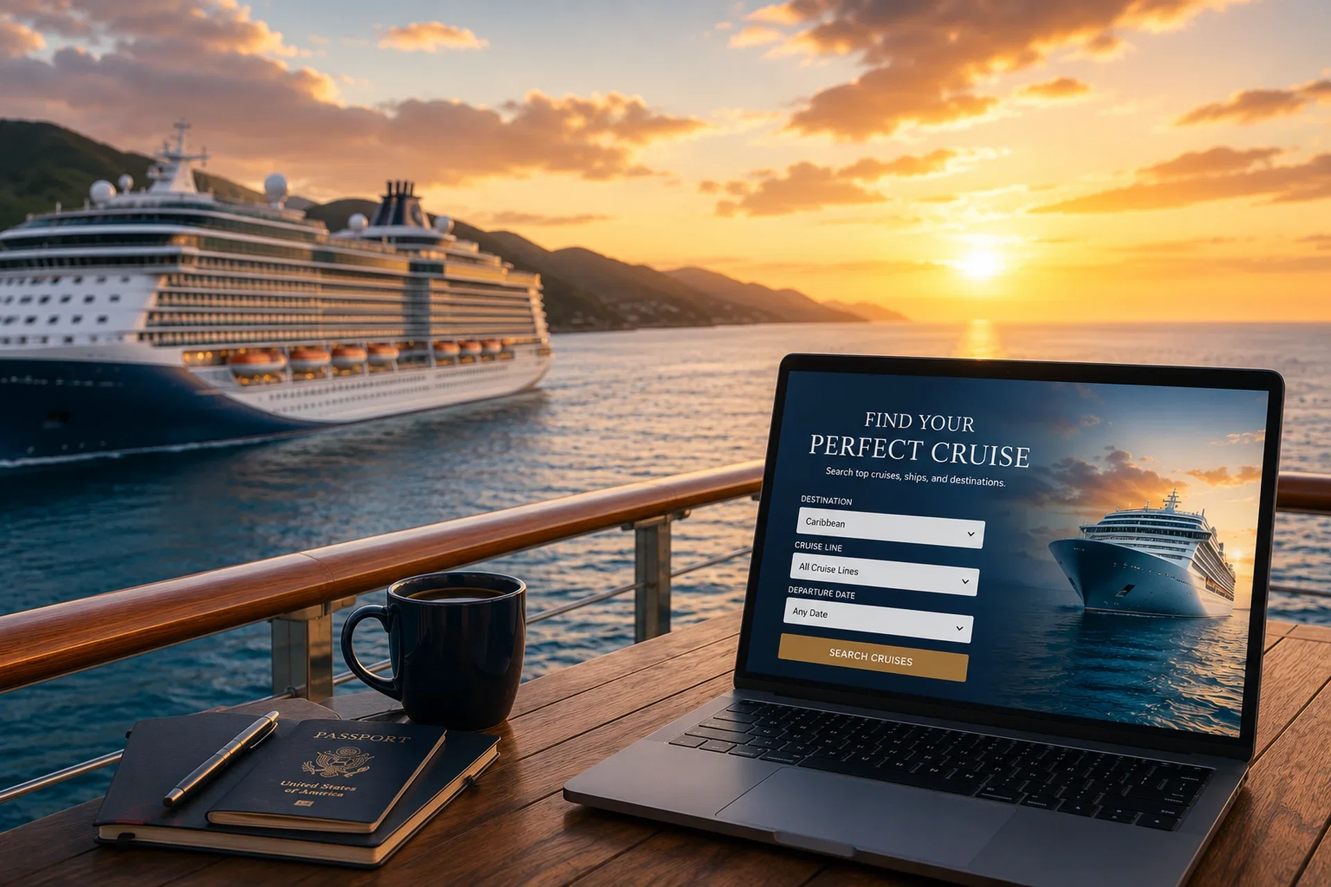 Cruise ship sailing toward a tropical destination