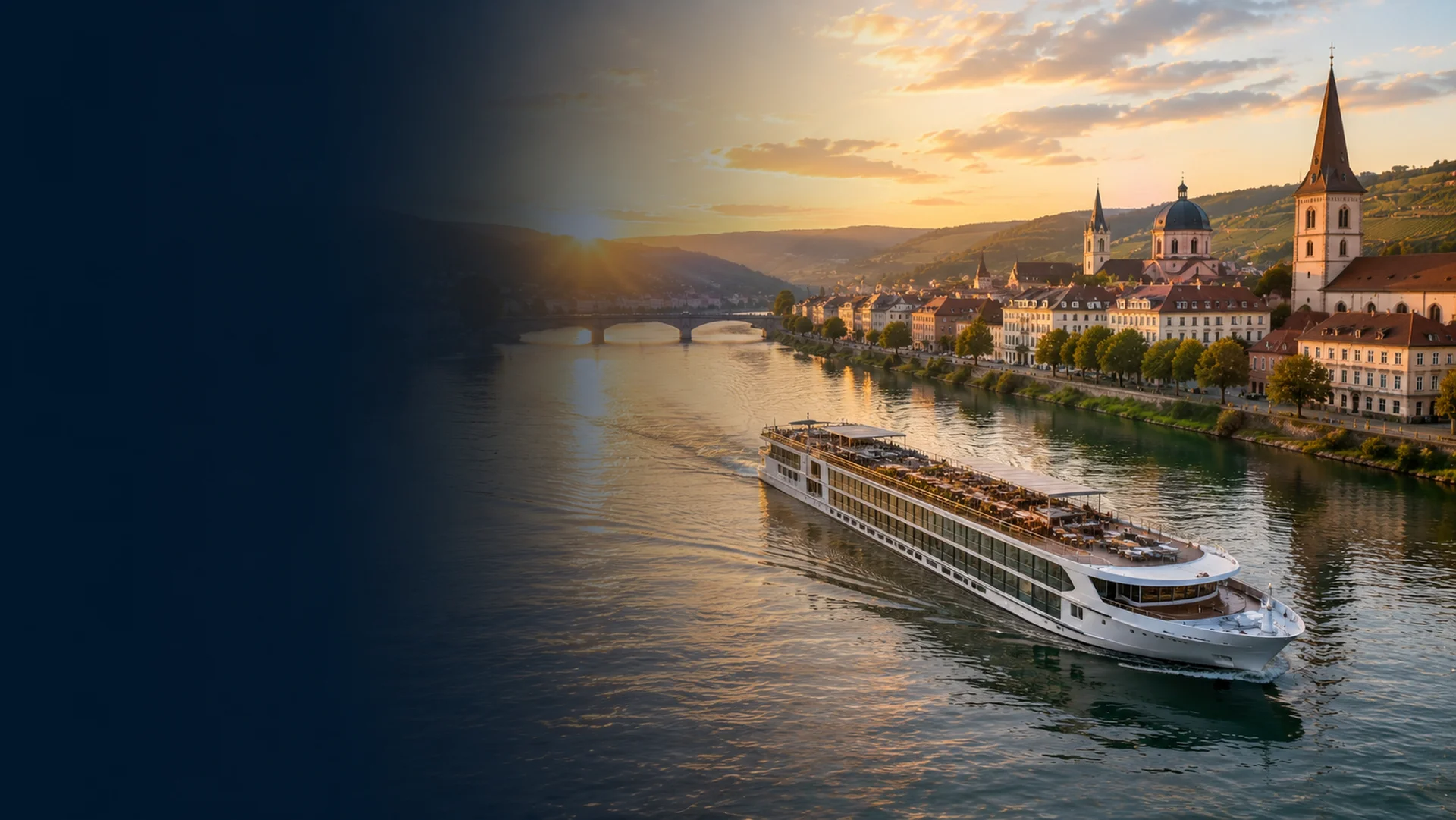 River cruise ship sailing through a scenic European waterway