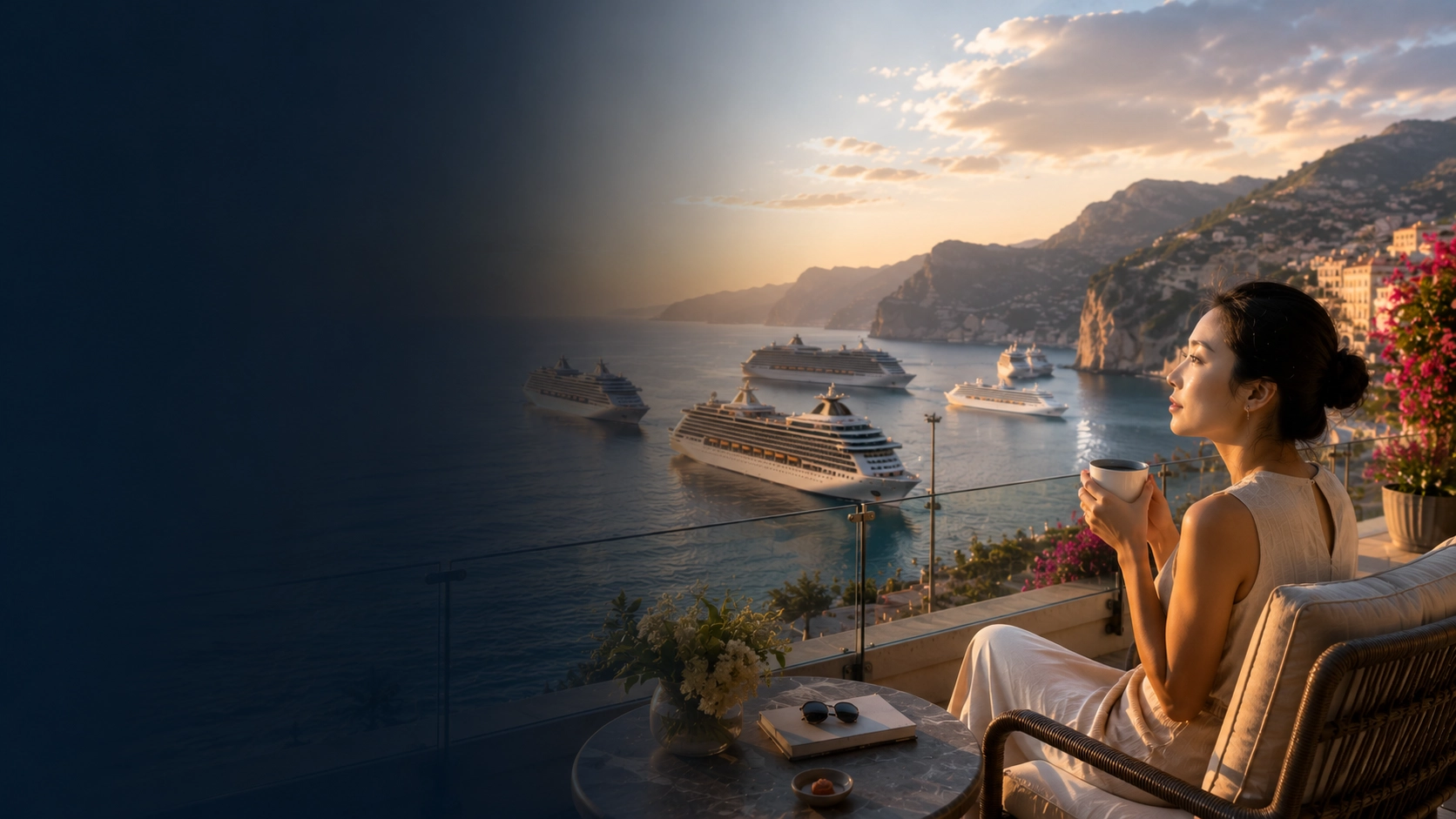 Cruise ship sailing through a scenic destination